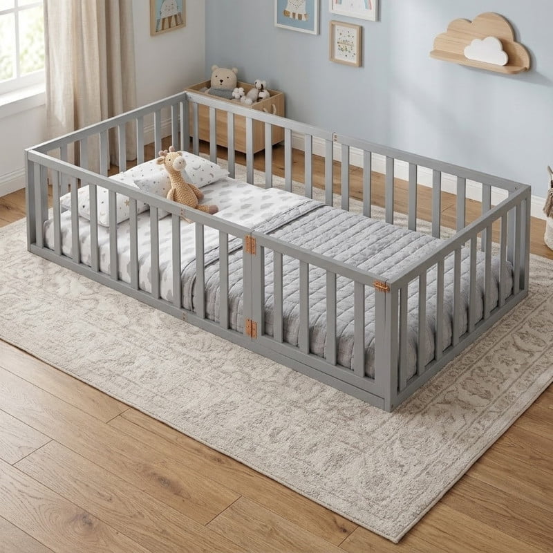 Twin Size Floor Bed Platform Bed with Fence and Door, Wood Montessori Bed Toddler Bed Playhouse Bed for Boys Girls, No Slats