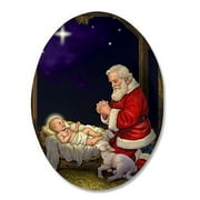 Kneeling Adoring Santa with Christ Child Oval Nativiaty Magnet, 3 Inch