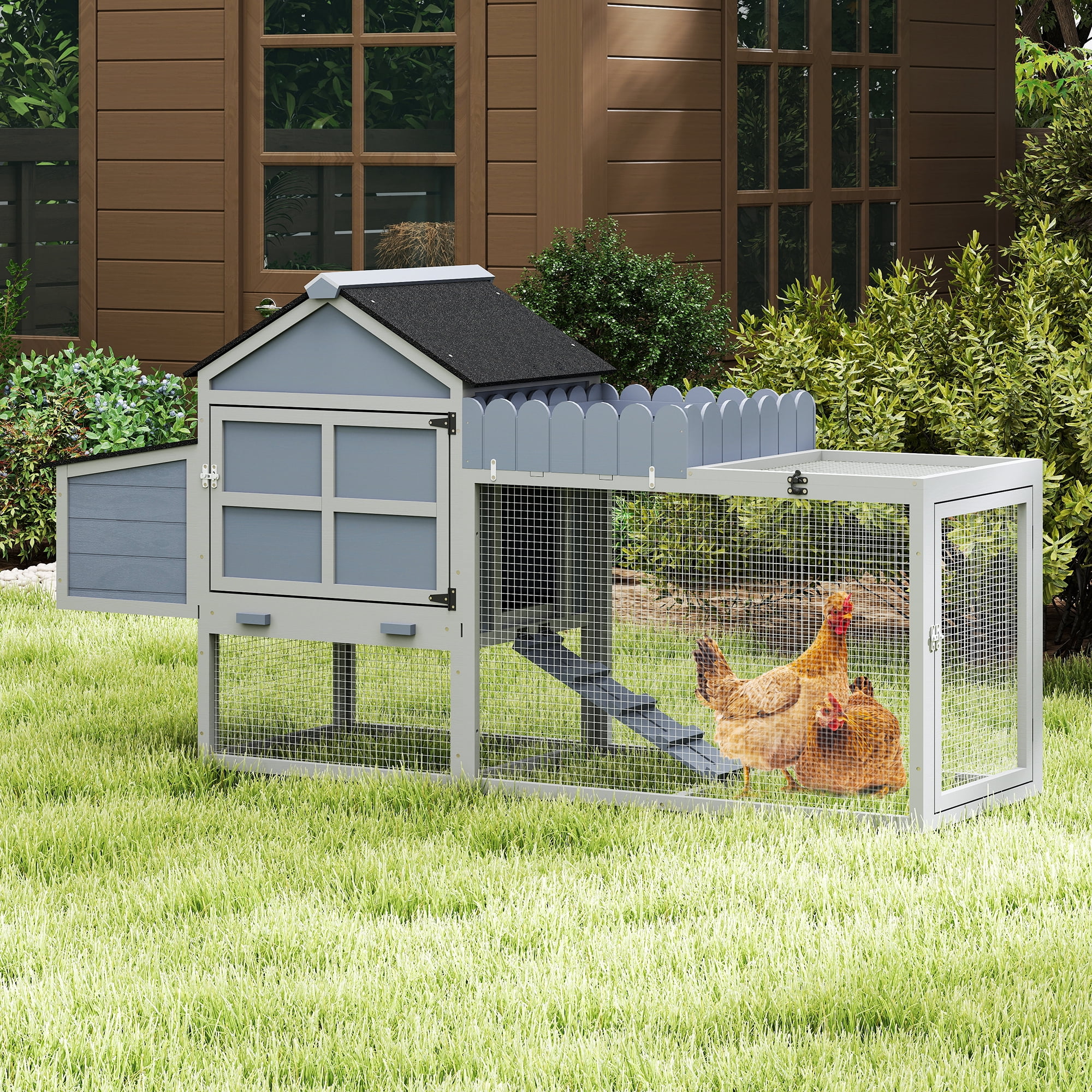 80" Wooden Chicken Coop, 2-Tier Backyard Hen House with Nesting Box, Run, Planter & PVC Roof, Easy-Clean Tray, Weatherproof Poultry Cage,Backyard Patio Poultry Habitat, Gray
