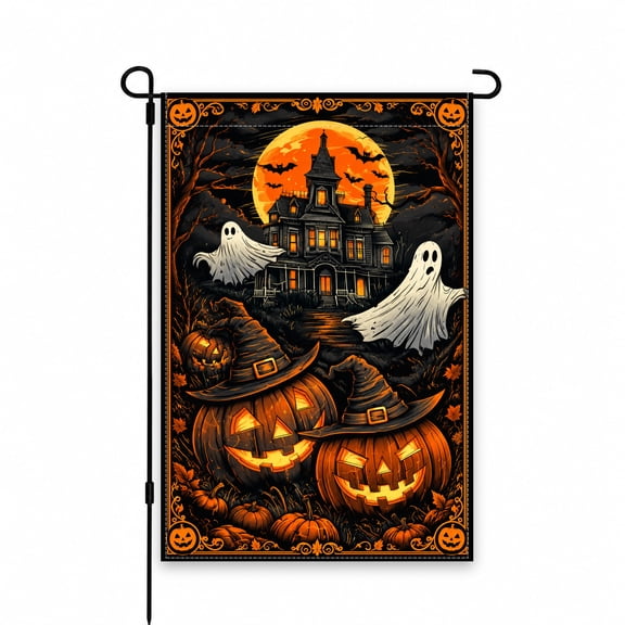 Halloween Haunted House Garden Flag 12x18 Inch with Ghosts, Jack-O’-Lanterns, Bats, and Full Moon for Spooky Yard, Lawn, Patio, or Outdoor Decor