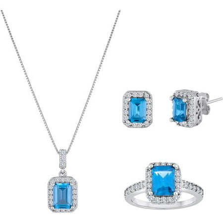 Simulated Blue Topaz 3-Piece Silvertone 3-Piece Earrings, Pendant and Ring Boxed Set Boxed Set, 18