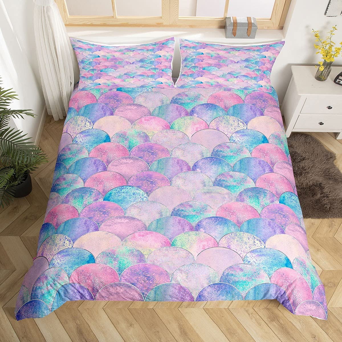 Colorful, Full 3 Pieces Fish Scales Bedding Colorful Mermaid Scale Bedding Rainbow Scales with Sparkles and Stars Quilt Cover Full for Kids Boys Girls 1 Duvet Cover 2 Pillowcases
