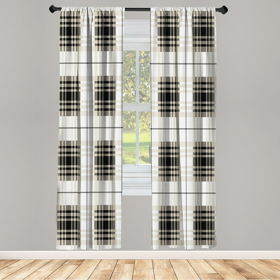 Ambesonne Checkered Curtains, Plaid Tartan English Tile, Pair of 28"x84", Ivory Taupe