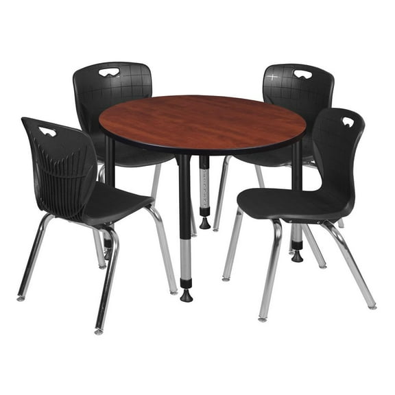Regency Kee 36" Round Height Adjustable Classroom Table - Cherry & 4 Andy 18-in Stack Chairs- Black