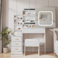 thumbnail image 1 of LED Vanity Desk with Sliding Mirror and Stool, 3 Color Lighting Makeup Table with 4 Drawers and Charging Station, Space Saving Bedroom Dressing Table, Wood/Black/White/Pink/Marble, 1 of 7
