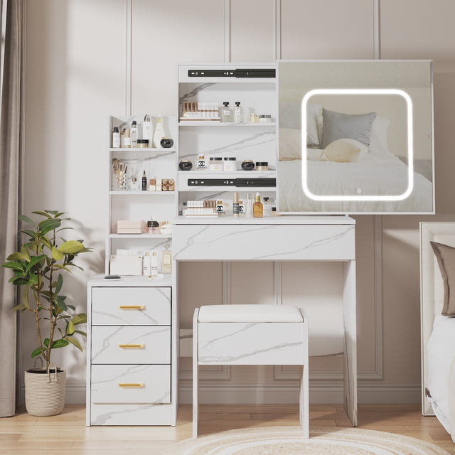 LED Vanity Desk with Sliding Mirror and Stool, 3 Color Lighting Makeup Table with 4 Drawers and Charging Station, Space Saving Bedroom Dressing Table, Wood/Black/White/Pink/Marble