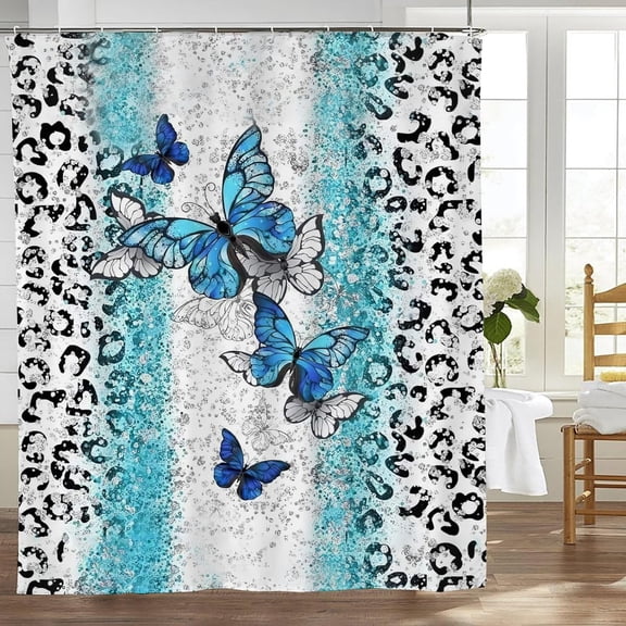 Leopard Shower Curtain Glitter Leopard Print Butterfly Shower Curtains for Bathroom Black White Blue Shower Curtain Waterproof Polyester Fabric Cheetah Print Bathroom Decor 72x72 in