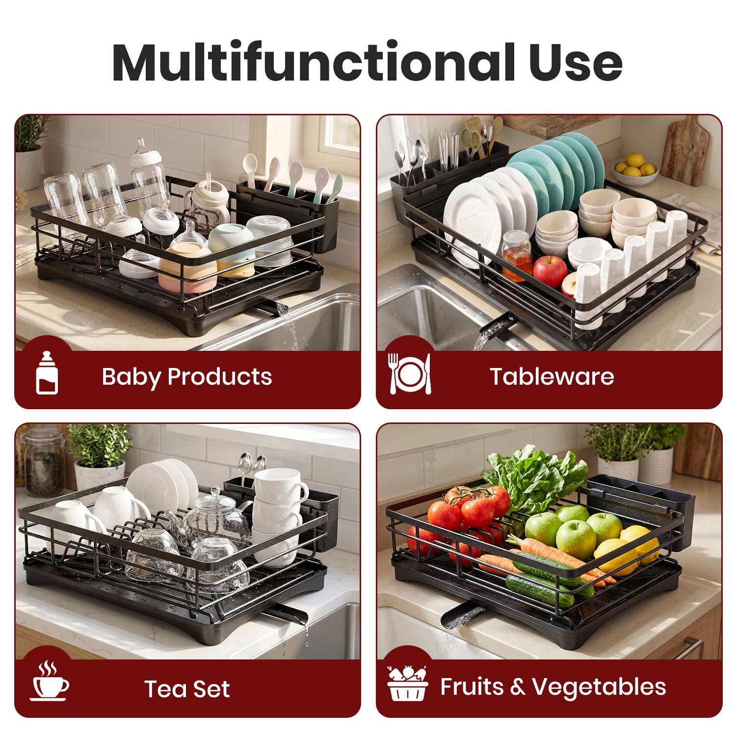 Armorget Dish Drying Rack, Kitchen Counter Dish Racks with Utersil Holder, with Adjustable Water Outlet, Dish Drainers (18.7L×12.01W×7.09H)in Black