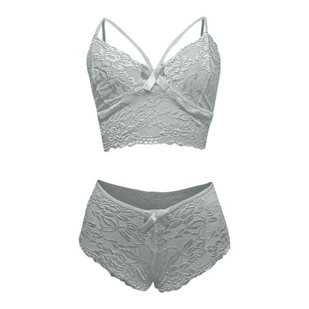 

Odeerbi Lace Lingerie for Women Fashion Sexy Corset Floral Bralette Bra Two Piece Underwear Tops with Briefs Suit Gray