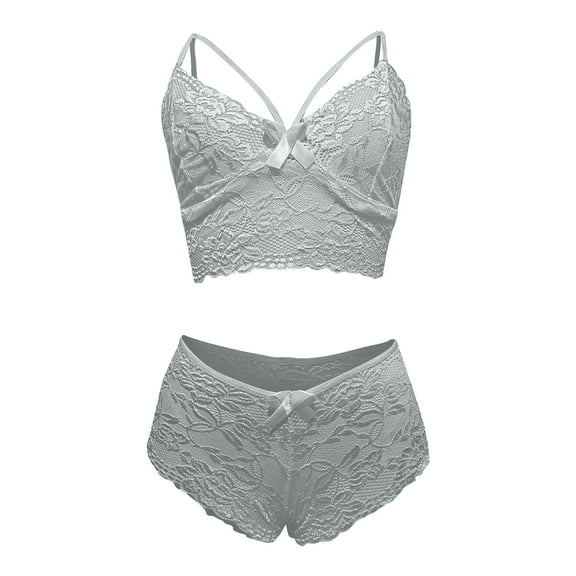 Odeerbi Lace Lingerie for Women 2025 Fashion Sexy Corset Floral Bralette Bra Two Piece Underwear Tops with Briefs Suit Gray