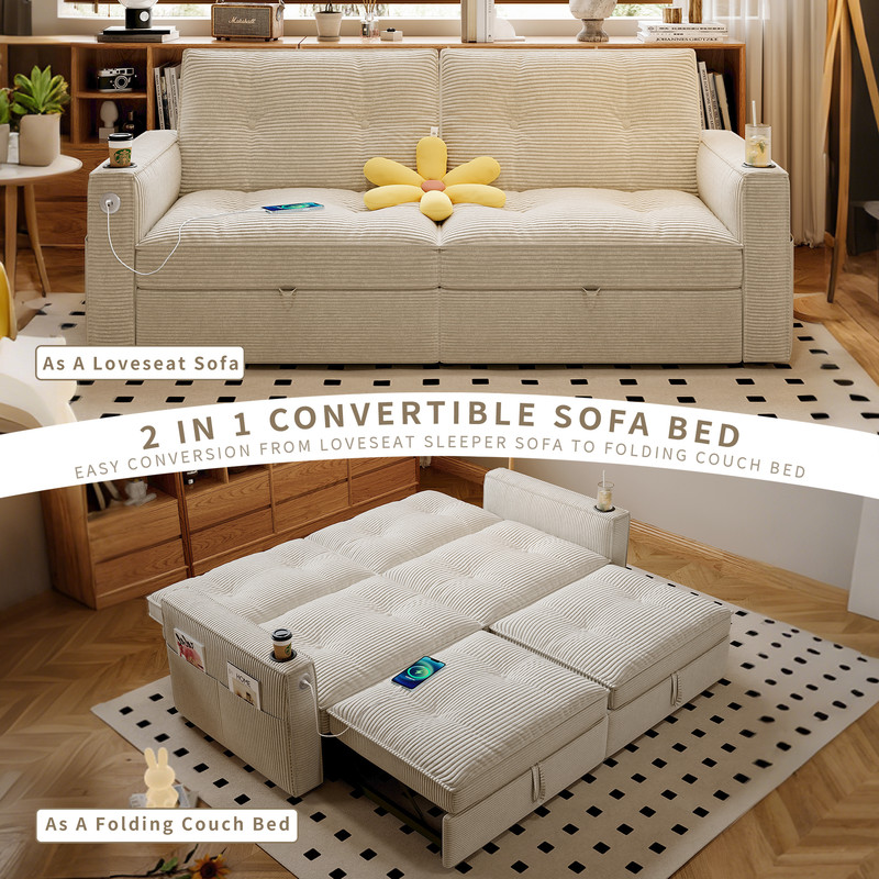 72.6" Convertible Sofa Bed, 2-in-1 Sleeper Sofa with USB Charging Ports & Side Pockets, Modern Corduroy Upholstered Sofa Couch with Steel Frame for Living Room, Bedroom, Apartment