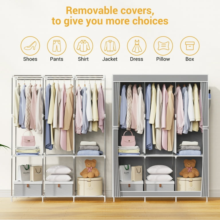 Riousery Portable Closet 51 Inch Wardrobe Closet for Hanging Clothes 6 Storage Organizer Shelves Grey