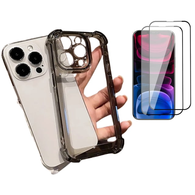 Étui de Protection 3-en-1 pour Apple iPhone 15 Pro - Lot de 2 Protecteurs d'Écran en Verre Trempé + Étui Rigide Robuste Noire / Protection Complète