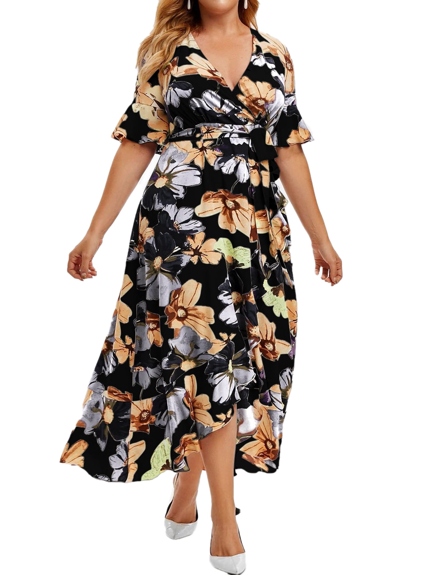 Women's Dresses Plus Size Women Ruffle Frill Floral Maxi Dress Ladies ...