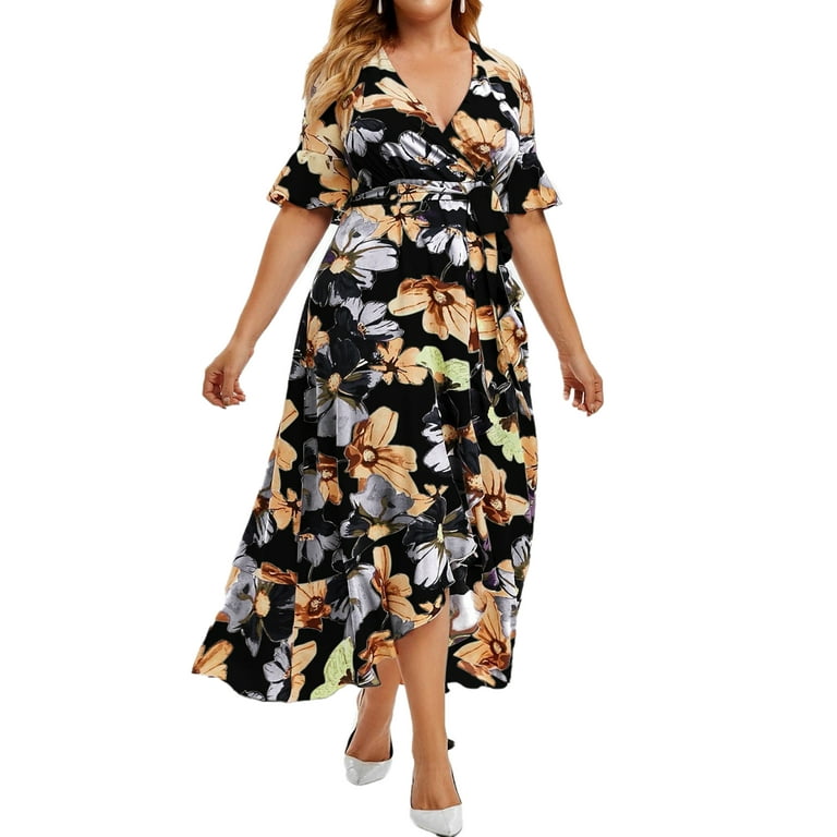 Women Long Maxi Dress Floral Print Boho Party Beach Dresses Long / Short  Sleeve