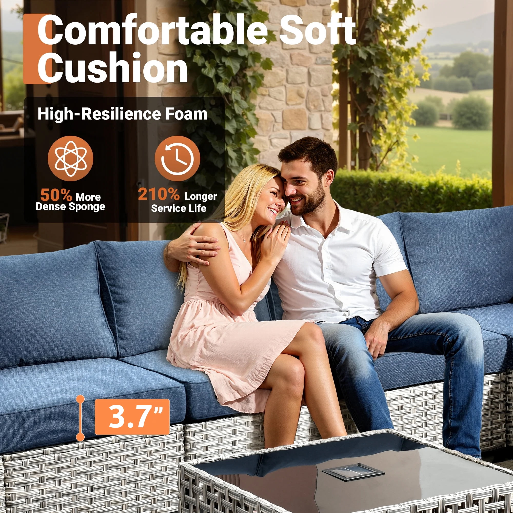 Vcatnet 8 Pieces Outdoor Patio Furniture Sectional Sofa PE Rattan Wicker Conversation Set with Solar Powered Coffee Table for Porch, Backyard, Denim Blue
