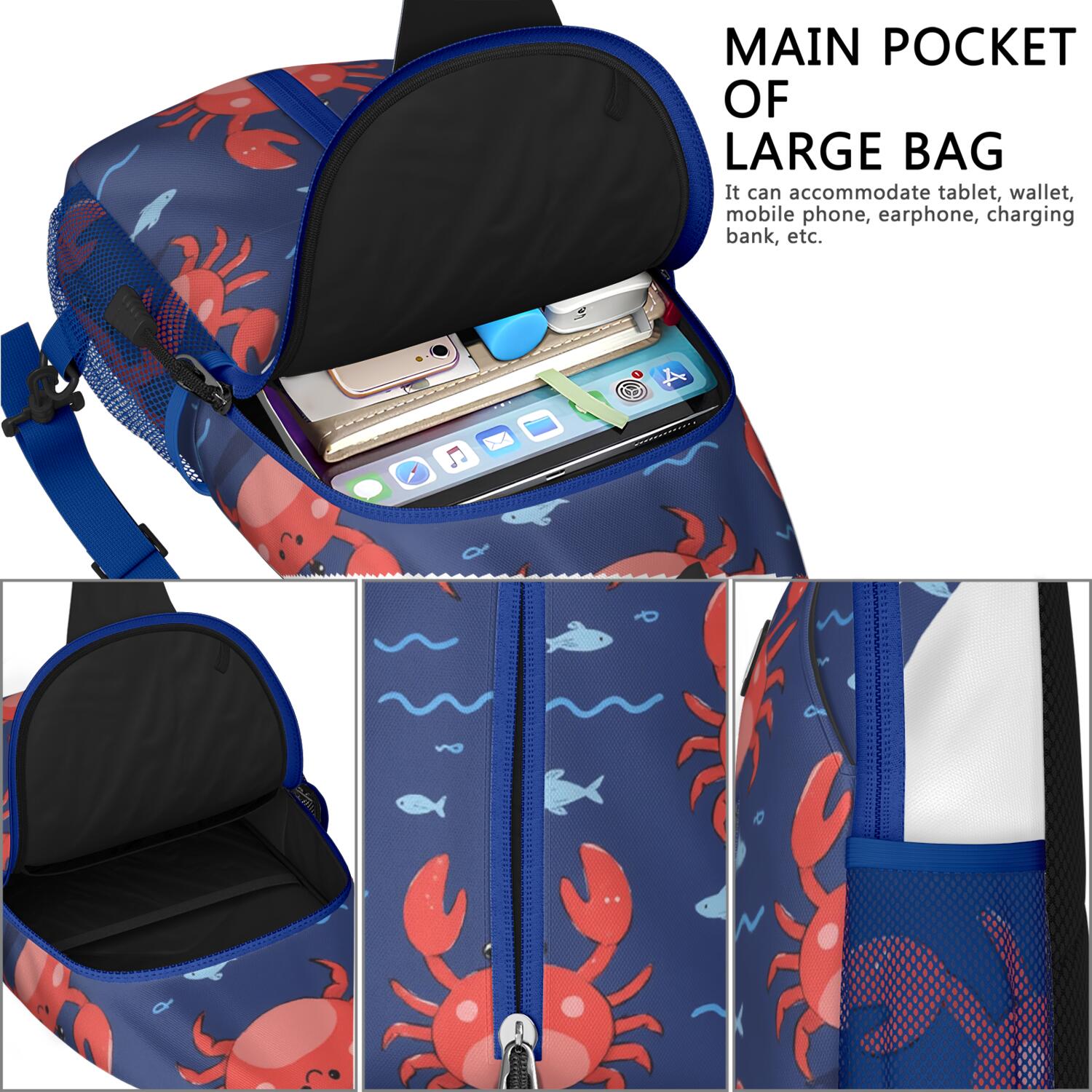 Crab Marine Crossbody Sling Bag for Women Men Hiking Sling Backpack Hiking Bag for Outdoor Activities Gym Small Travel Backpack Trendy Sling Backpack