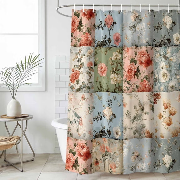 Spring Floral Waterproof Fabric Shower Curtain,Elegant Checkered Summer Botanical Farmhouse Waterproof Fabric Shower Curtain for Bathroom Curtains Bathtubs Shower Curtains with 12 Hooks Stall 48x72in