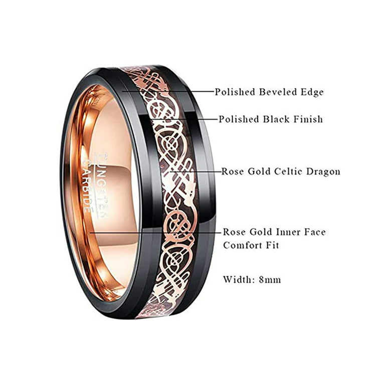 Men's Tungsten Wedding Band (8mm). Celtic Wedding Band - Black with Rose Gold Celtic Knot Over Blue Carbon Fiber Inlay