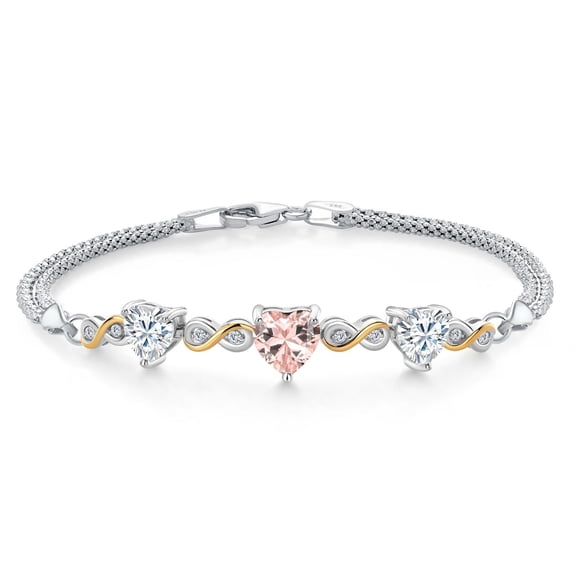 925 Silver and 10K Yellow Gold White Moissanite and Nano Morganite and Lab Grown Diamond Bracelet for Women | 2.93 Cttw | Gemstone Birthstone | Heart Shape 7MM | 6.5/7/7.5 inch, Made in Italy