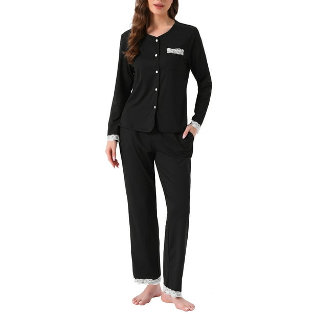 Conjuntos de pijamas para mujeres con encaje, blusa de manga larga con botones, ropa de dormir, pantalones con cintura elástica y bolsillos, talla XL, color negro