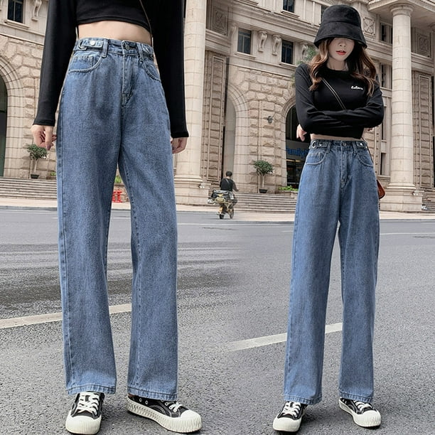 Women's Casual Pants Hight Waist Distressed Straight Denim Jeans Vintage  Trouser 
