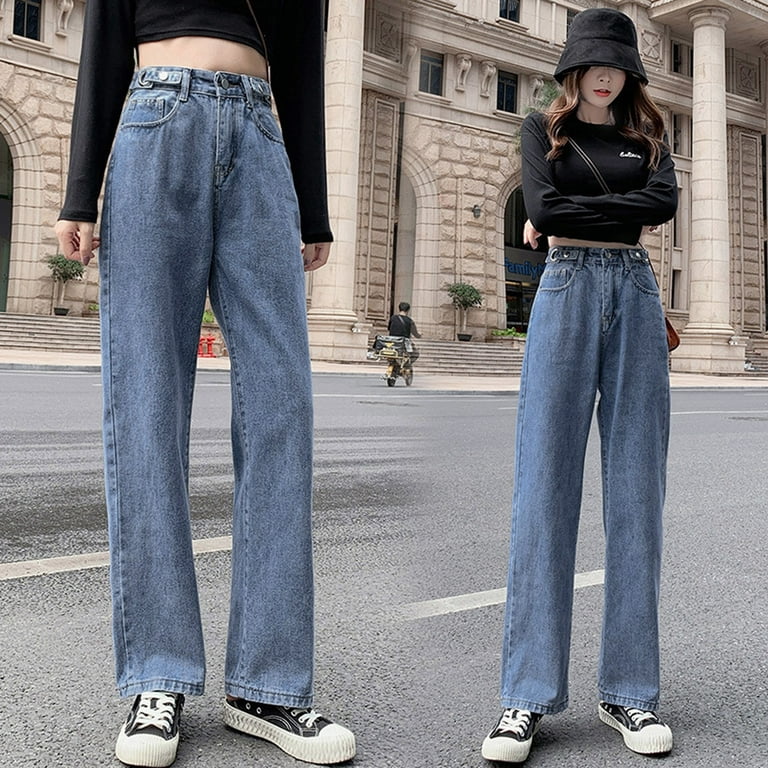 Pockets Solid Straight Clearance Jeans Ankle Loose Trousers Pants Buckle Waist with Denim High Wash Women\'s