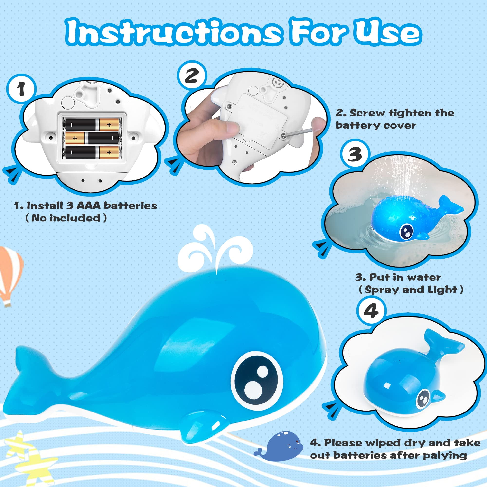 Baby Wind-Up Swimming Whale Toy With Magnetic Fishing Rod, Bath And Pool Toy  Set 4 Wind-Up Whale Water Shower Toy&1 Fishing Pole