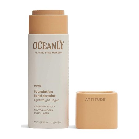 ATTITUDE Oceanly Plastic-Free Light Coverage Foundation Stick, Titanium Dioxide-Free, EWG Verified, Vegan and Cruelty-free Makeup, Dune, 0.42 Ounces
