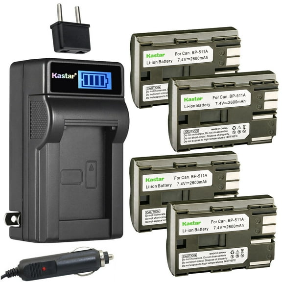 Kastar 4-Pack BP-511 Battery and LCD AC Charger Compatible with Canon DM-MV650i MV650i, DM-MV690 MV690, DM-MV700 MV700 MV700i, DM-MV730i MV730i, DM-MV750i MV750i, Optura 10, Optura 20 Cameras