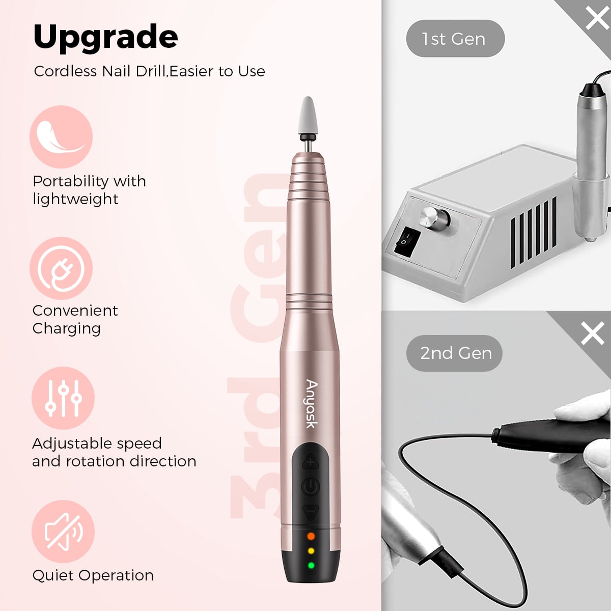 Anyask Portable Electric Nail Drill Manicure Pedicure Polishing Shape Tools for Nair Care Beauty Home Salon Use - Champagne