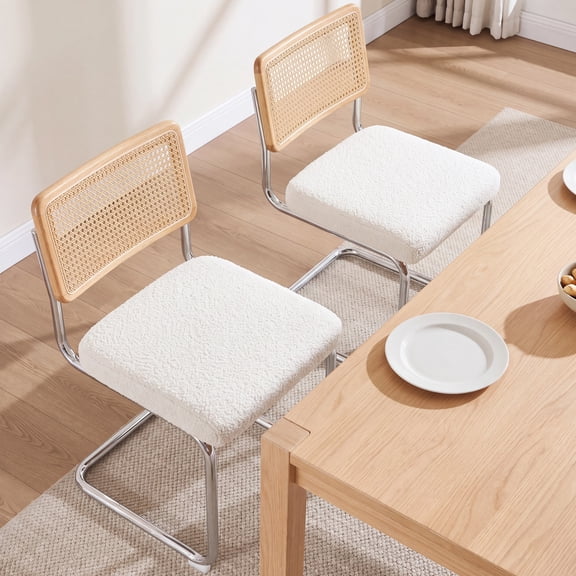 Skandiquip 2‑Pack Modern Dining Chairs, Rattan Cane Back Upholstered Side Chairs, Chrome Metal Legs Mid‑Century Kitchen & Dining Room Chairs, White