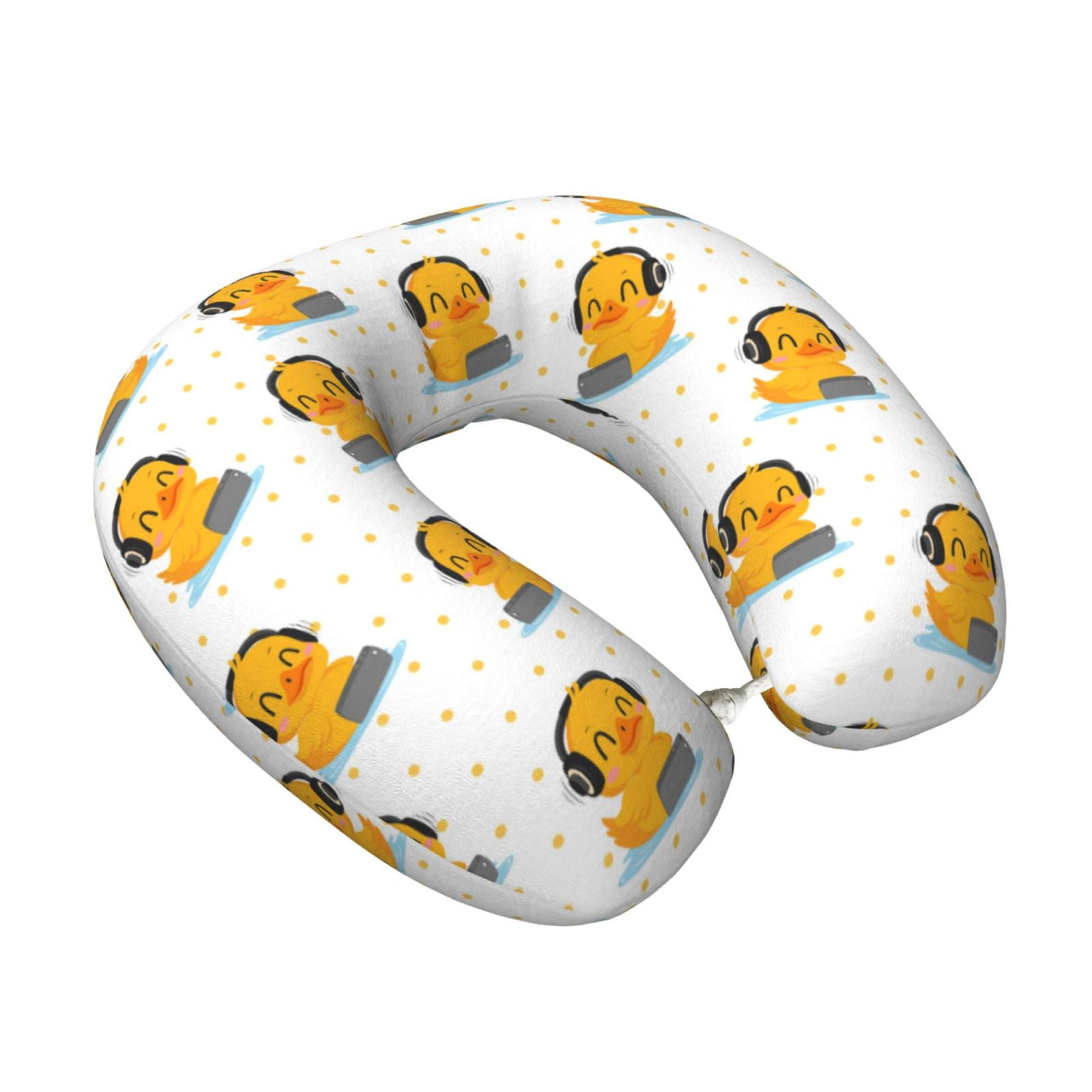 Xecao Cute Duck With Headphone Print Memory Foam Cervical Neck Pillow Versatile U-Shaped Pillows for Home,Office,Camping,Travelling,Soft Washable Cover