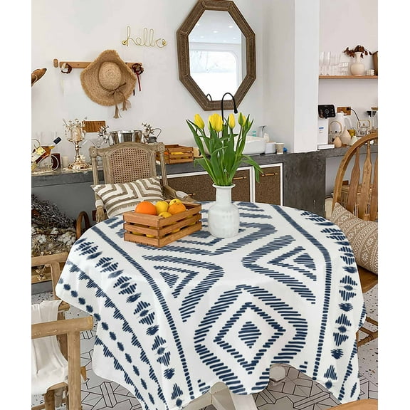 Navy Blue Boho Tablecloth Square Table Cloth 54x54, Waterproof Tablecloth Outdoor Table Cloth, Vintage Southwestern Geometric Stripes Washable Table Cover for Kitchen Dining Party