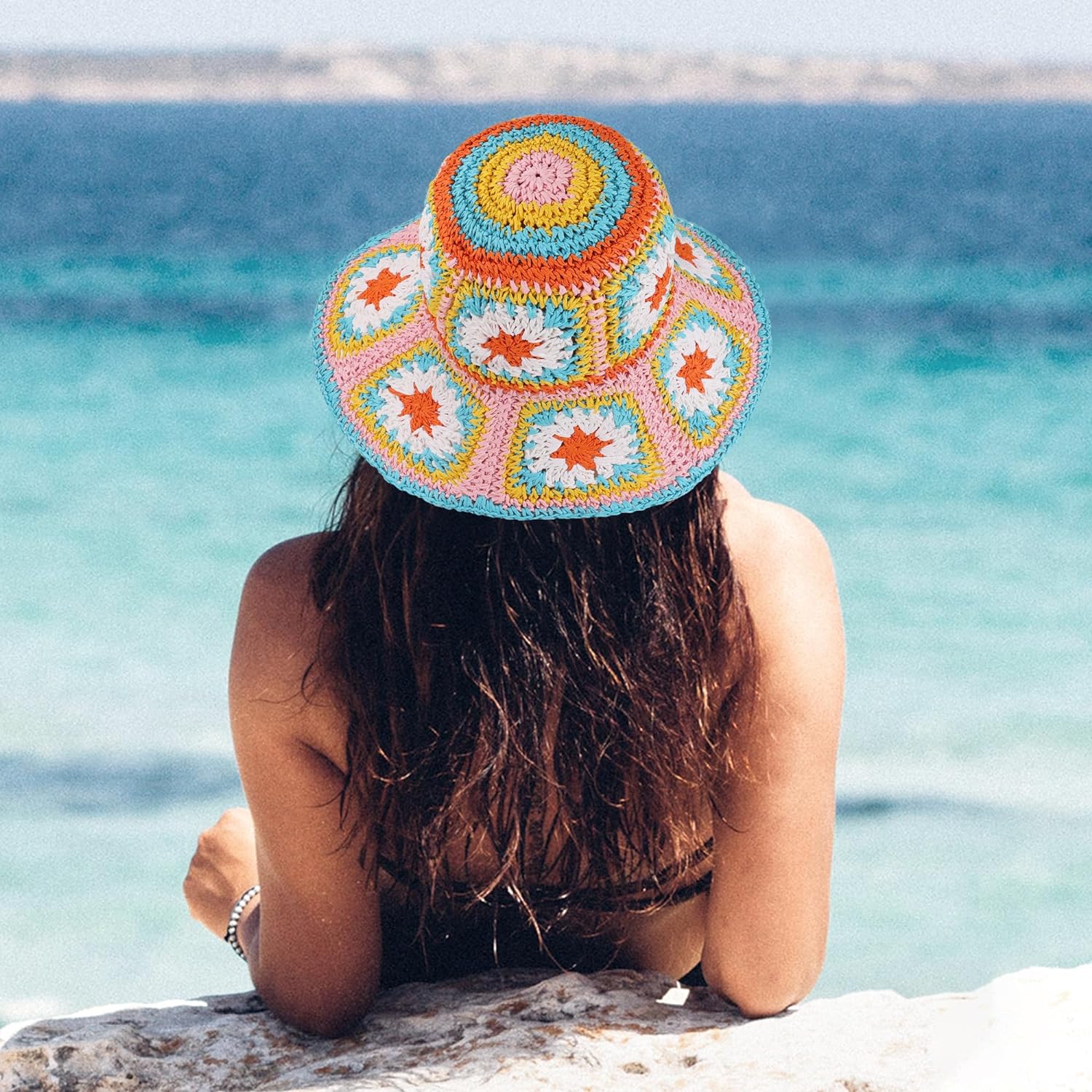 Multi Bright Printed Floral Straw Crochet Hat New Thumbnail-Articles29.png main image 2