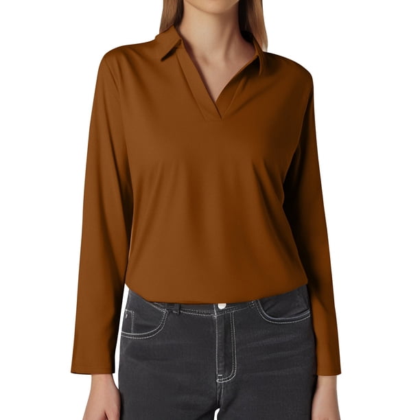 Top de mujer de color liso, manga larga y cuello en V con solapa - Poliéster y spandex - Corte ajustado para uso informal