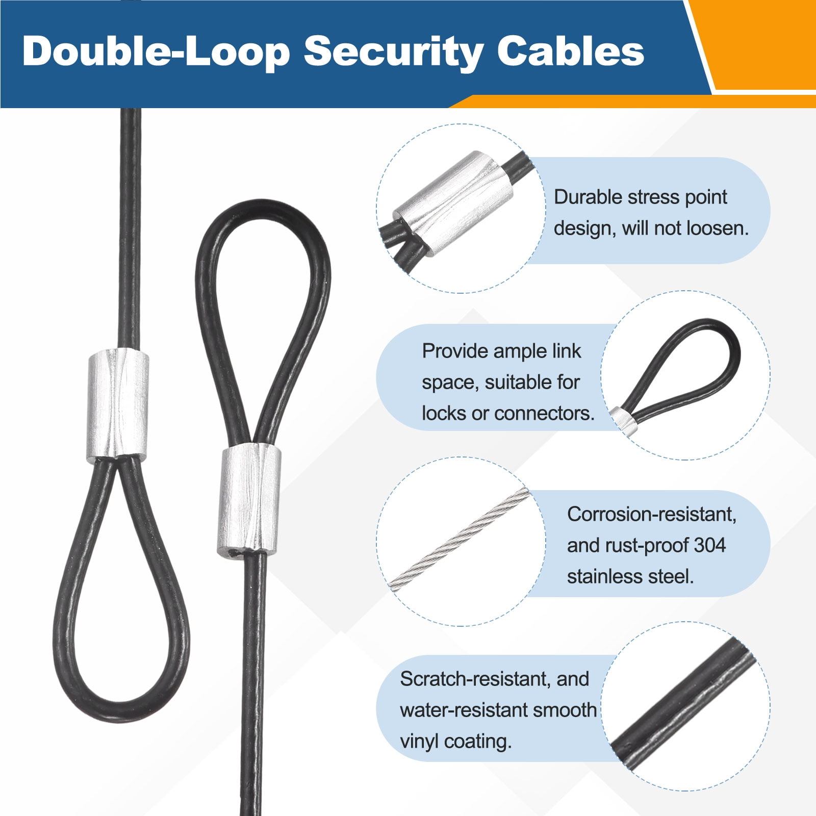Uxcell 16 Pcs Security Cable Lock - Double Loop Cable (3.28 ft x 0.08 Inch) Vinyl Coated 304 Stainless Steel Safety Flexible Wire Rope Luggage Bike Anti-Theft Security Chain Lock, Black
