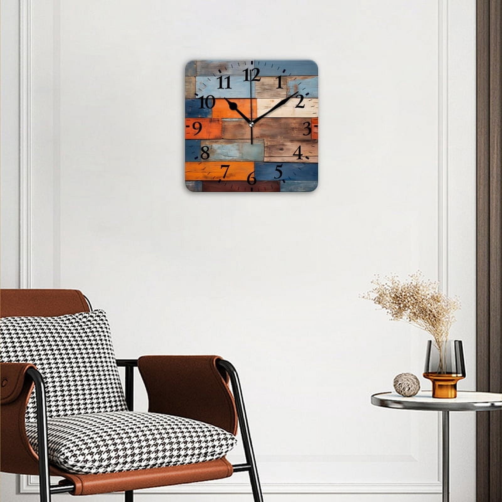 Square Wall Clock,Colorful Wooden Wall With Horizontal And Vertical Planks,Silent Non-Ticking Wall Clock Decor for Home Office Kitchen Living Room Bedroom(10inch)