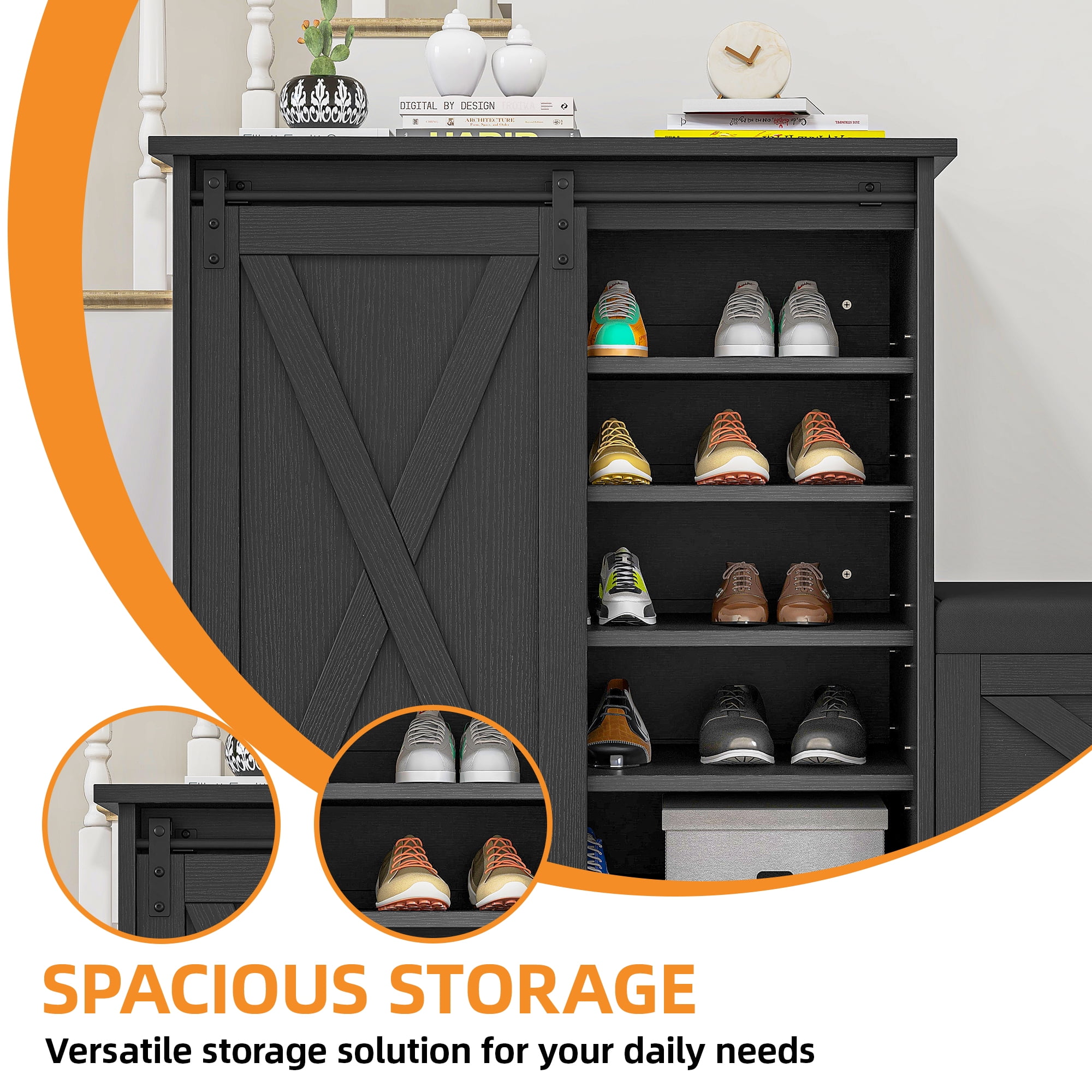 Uforic Shoe Cabinet with Sliding Door & Shoe Bench,Farmhouse Narrow Slim 5-Tier Adjustable Shoe Storage Organizer for 20 Pairs for Entryway, Foyer, Black