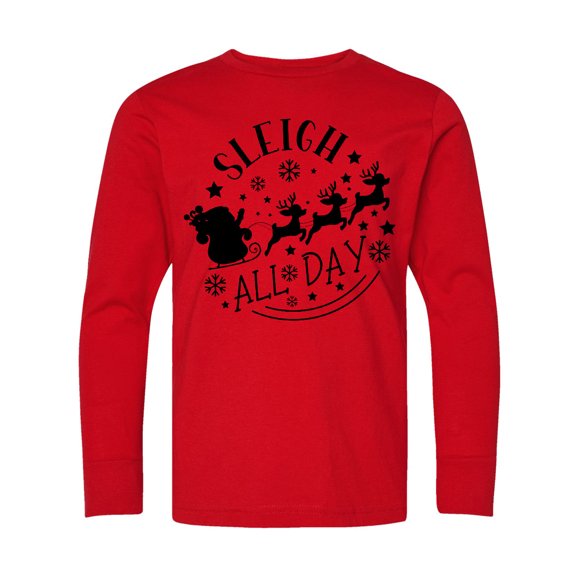 Inktastic Christmas, Sleigh All Day, Santa Claus, Reindeer, Typography Long Sleeve Youth T-Shirt