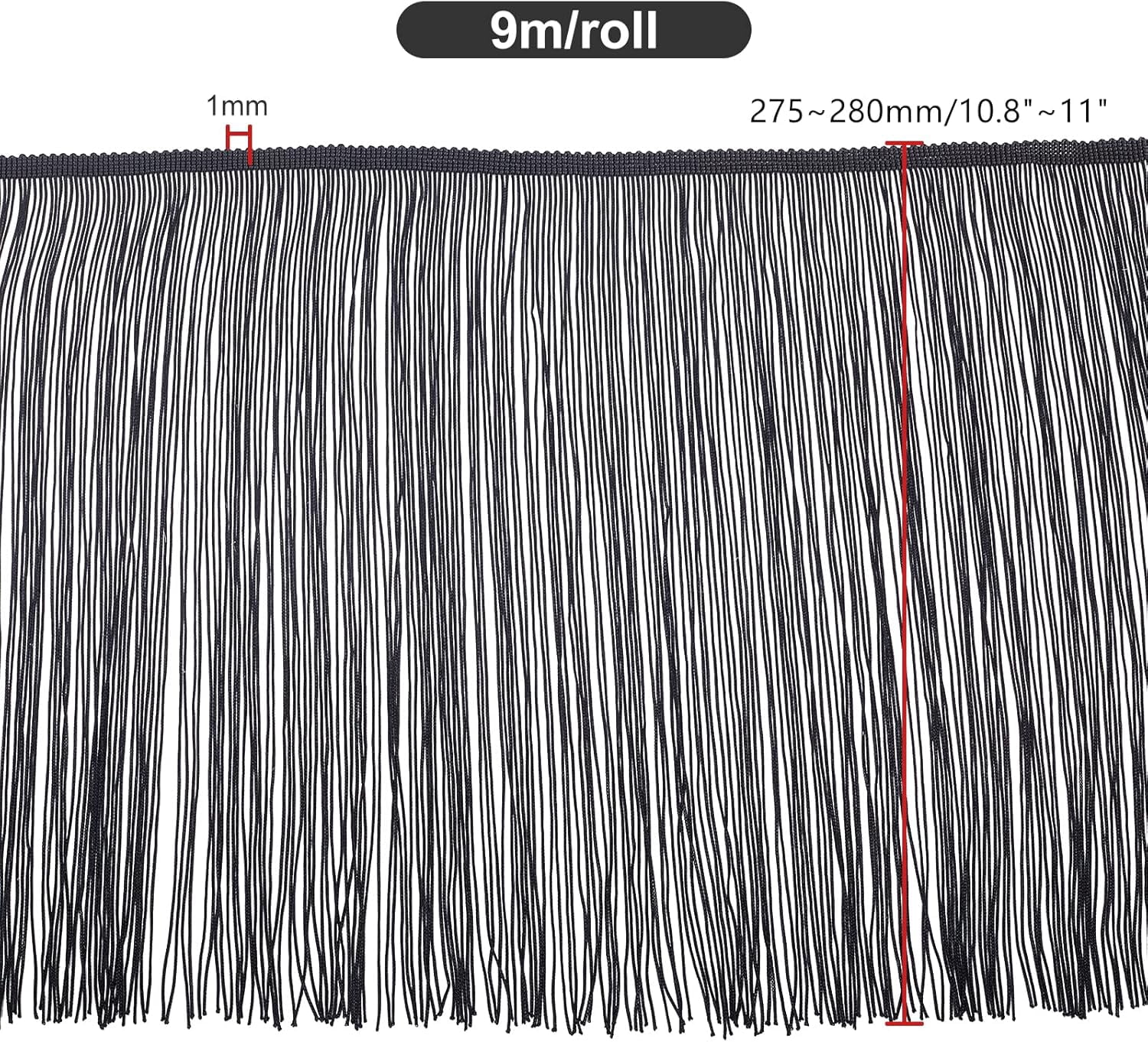 Tassel Fringe Polyester Ribbon for Garment Accessories Black 270~280x1mm about 9.5m/roll