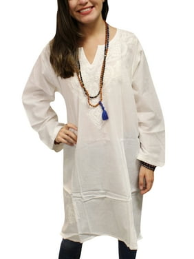 Mogul Women's White Cotton Embroidered Long Tunic Dress XL