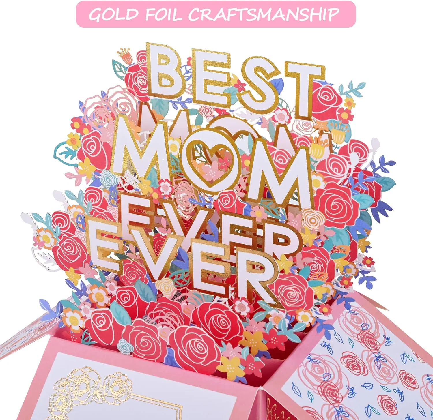 Pink 3D Pop-Up Mother’s Day Card, Best Mom Ever Flower Greeting Card with Envelope & Notecard for Mom Birthday
