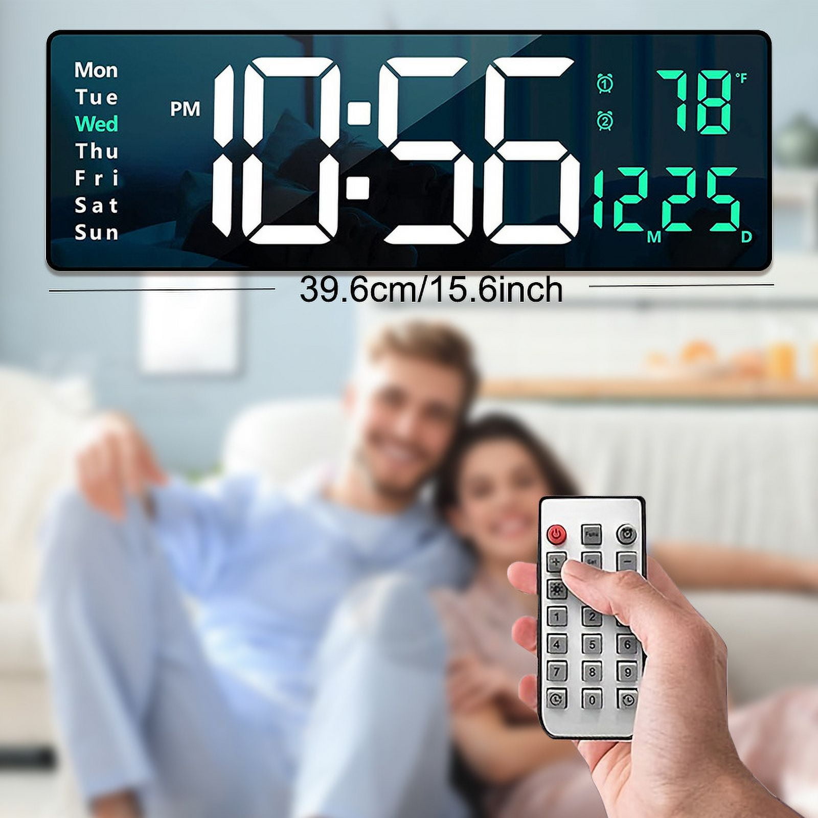 1 Pc 15.6inch Large LED Wall Clock with Timer Countdown Function, Date, Dual Alarm Clock, Time 12/ 24h, Temperature Display, 10 Level Brightness Adjustable, Memory Function, Including 2M Cable