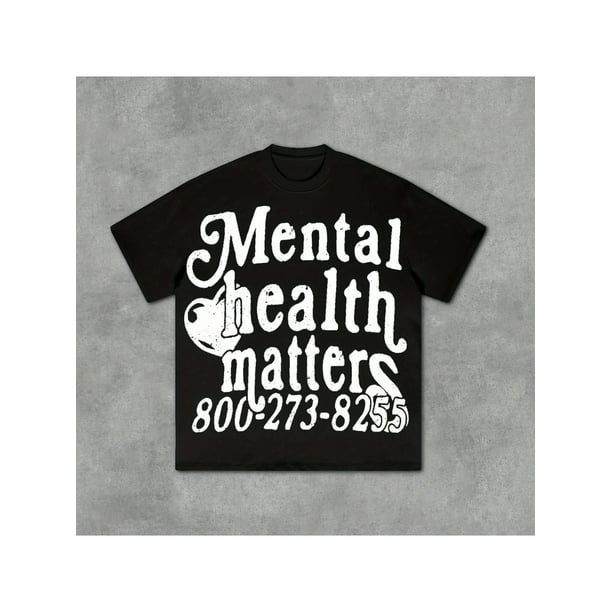 Men's Mental Health Matters 988-282-4555 Print Cotton T-Shirt - Black with White Text, Relaxed Fit Casual Short Sleeve Round Neck Tee, Machine Washable all-Season Comfort
