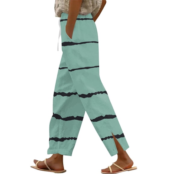 PWPSG Womens Elastic Waist Striped Printed Split Hem Straight Leg Pants, Smooth Texture Material with Drawstring Casual Slacks Green XXL