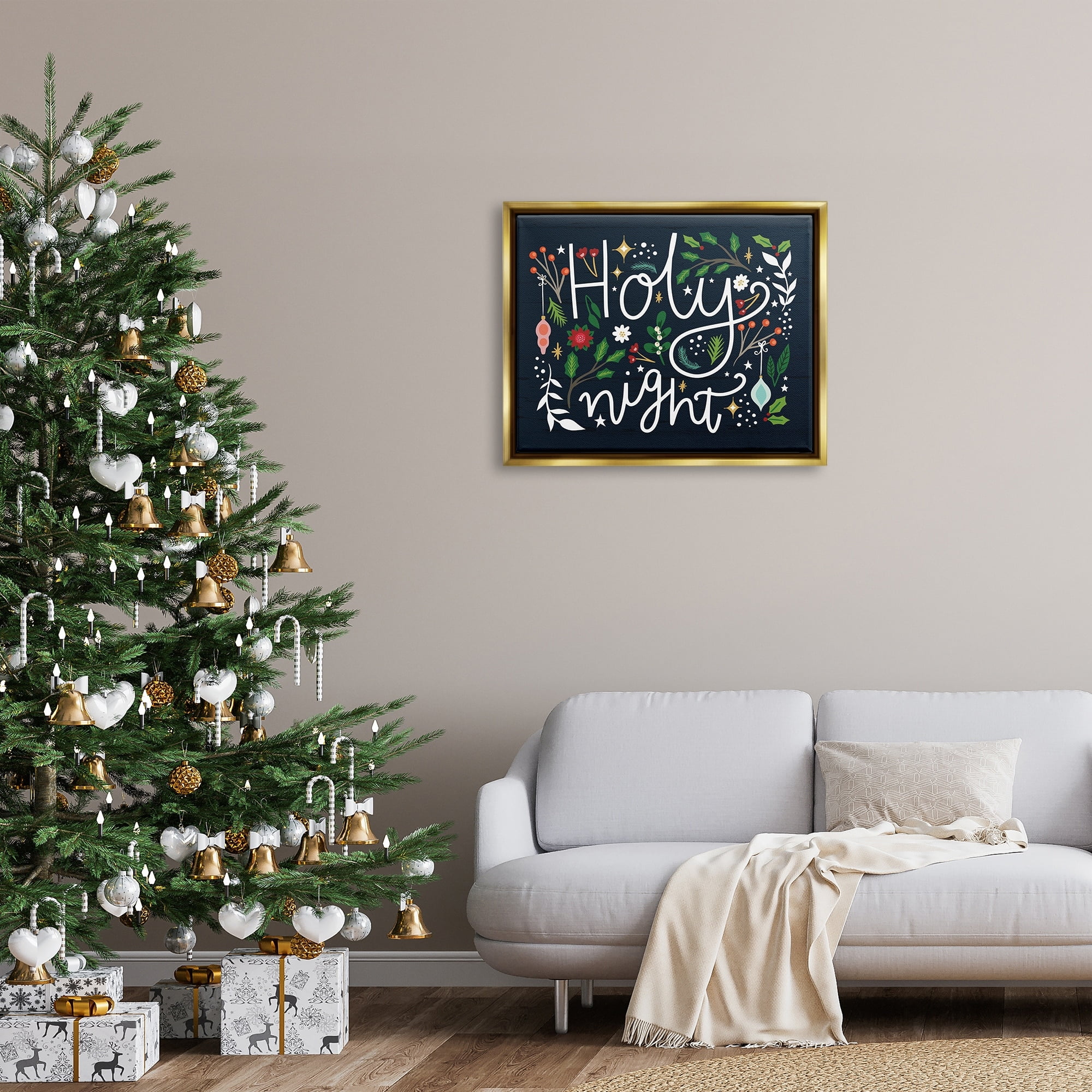 Stupell Industries Holy Night Modern Calligraphy Holiday Winter Botanicals Graphic Art Metallic Gold Floating Framed Canvas Print Wall Art, Design by Louise Allen