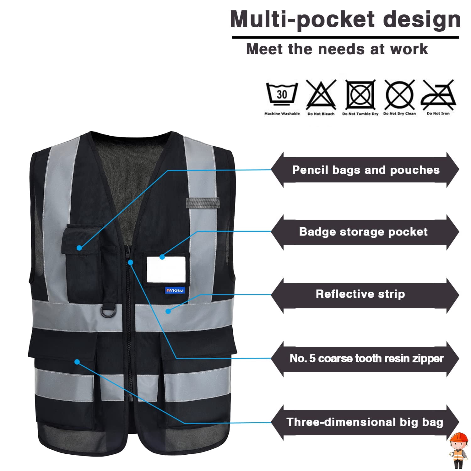 A-SAFETY Reflective Security Safety Vests Heavy Duty with 7 Pockets and Front Zipper
