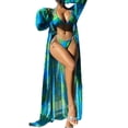 thumbnail image 2 of 1 Set Sexy Women Bikini Set with Cover Up Leaf Print Halter Bra Lace-up High Waist Briefs Sunscreen Long Sleeve Cardigan Set Swimwear, 2 of 7
