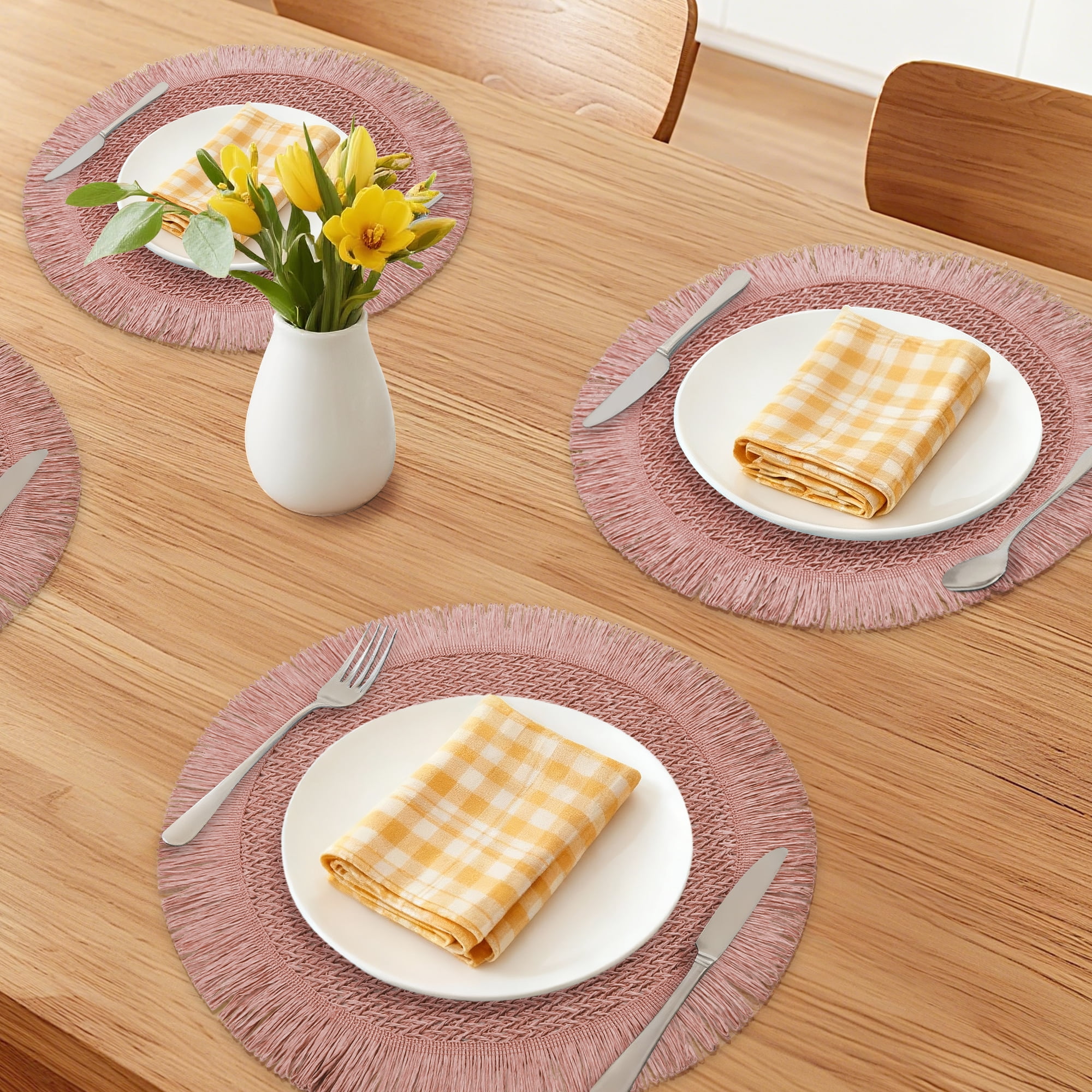 Unique Bargains Set of 6 Rustic Woven Placemats for Dining Table Decor Pink